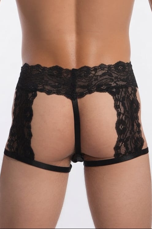 Men's Black Lace G-String Garter Short