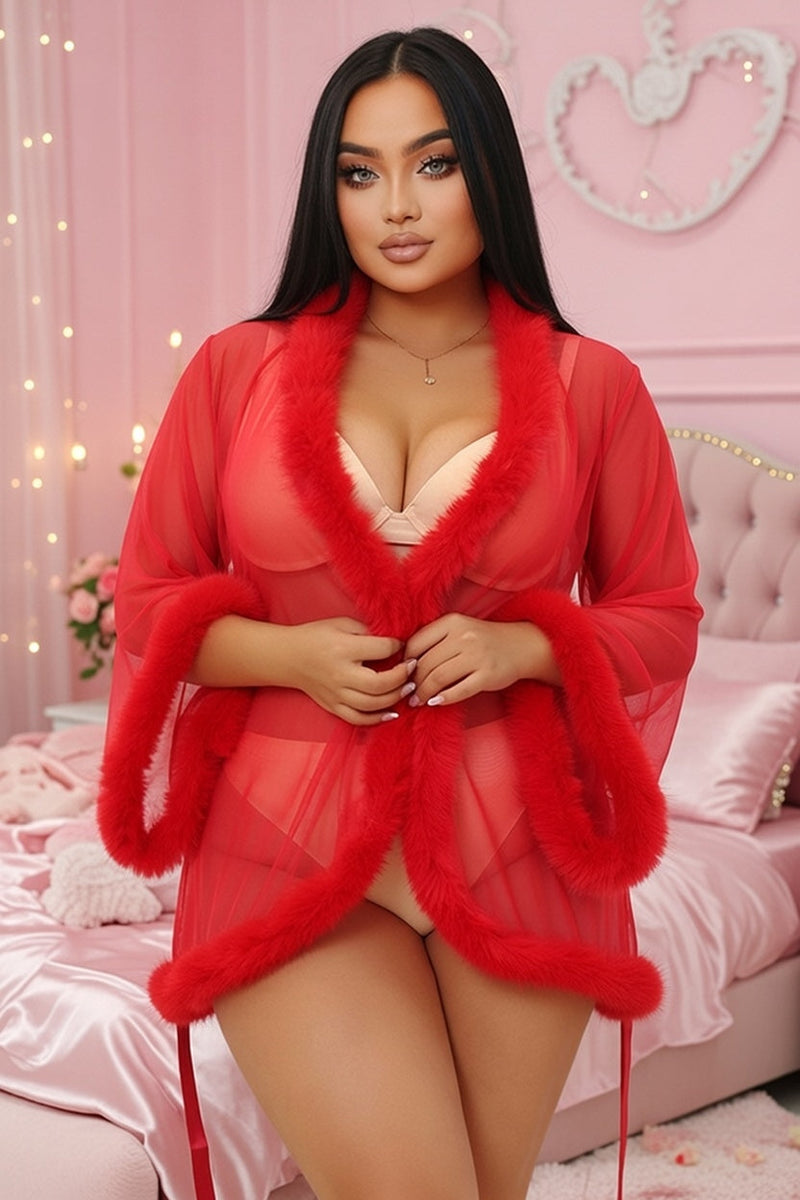 Red Sheer Faux Fur Trim Robe