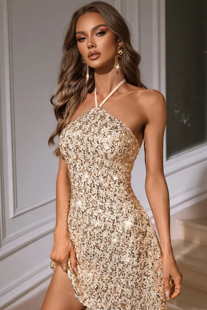 Shimmering Sequin Halter Dress