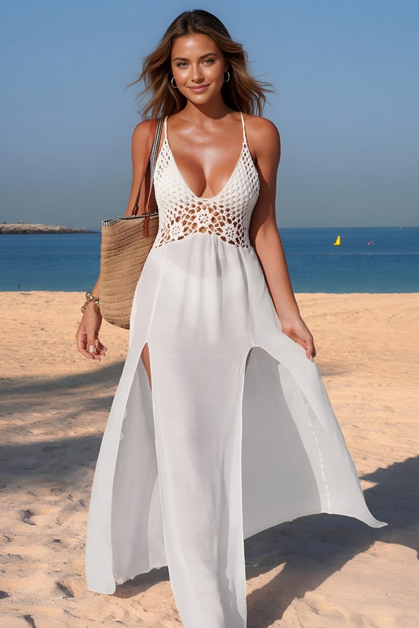 White Crochet Lace Maxi Beach Cover Up