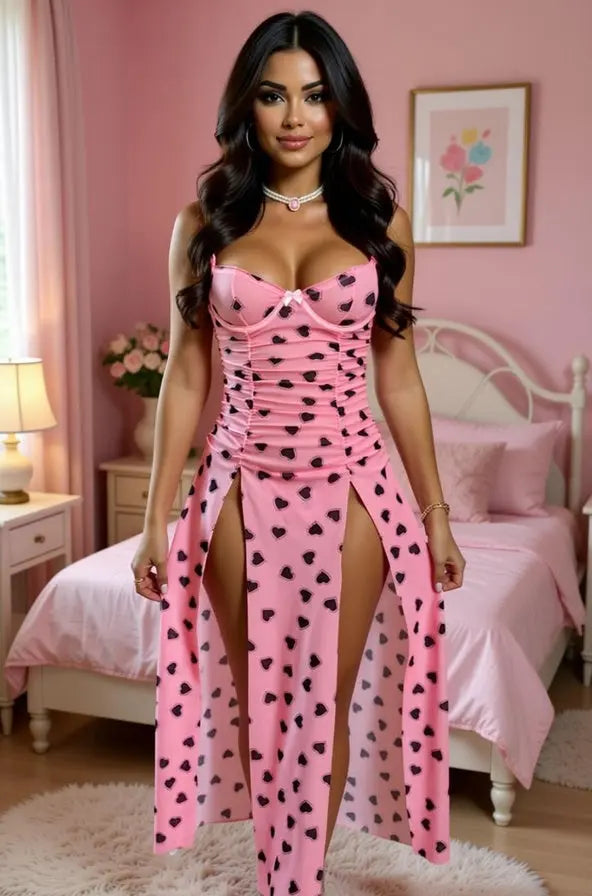 Sweetheart Pink Mesh Heart-Print Lingerie Dress LingerieDiva