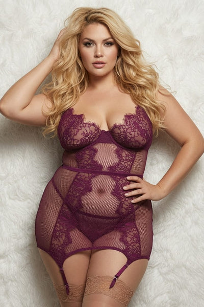 Plus Size Fishnet and Eyelash Lace Garter Slip with Matching G-String