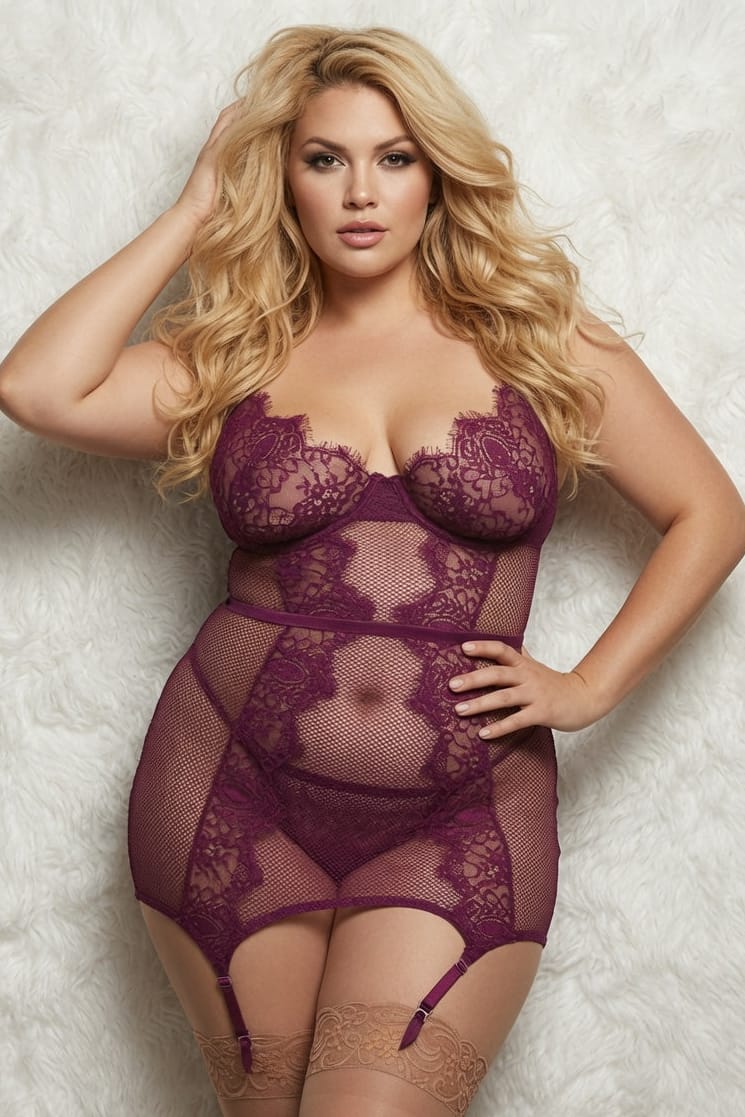 Plus Size Fishnet and Eyelash Lace Garter Slip with Matching G-String