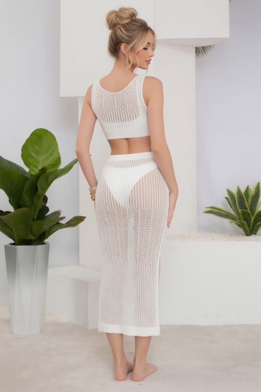 White Crochet Knit Crop Top Skirt Set