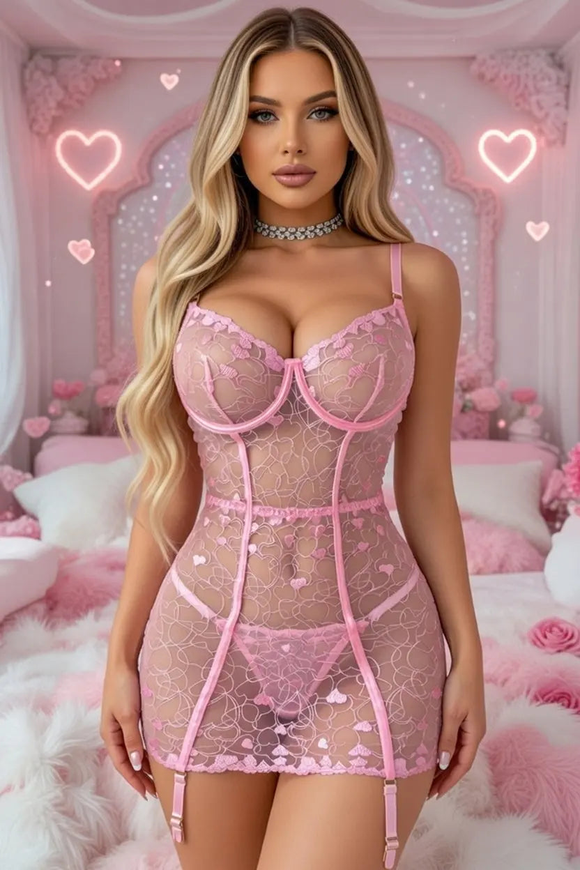 Pink Heart Embroidered Chemise Lingerie Diva