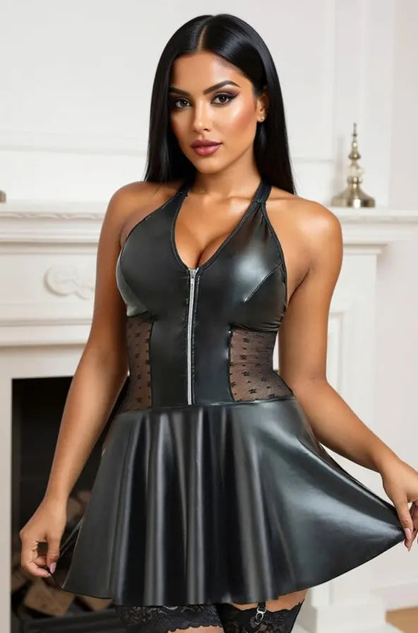 Black Faux Leather Zip Halter Dress with Mesh - LingerieDiva Black Faux Leather Zip Halter Dress with Mesh - LingerieDiva