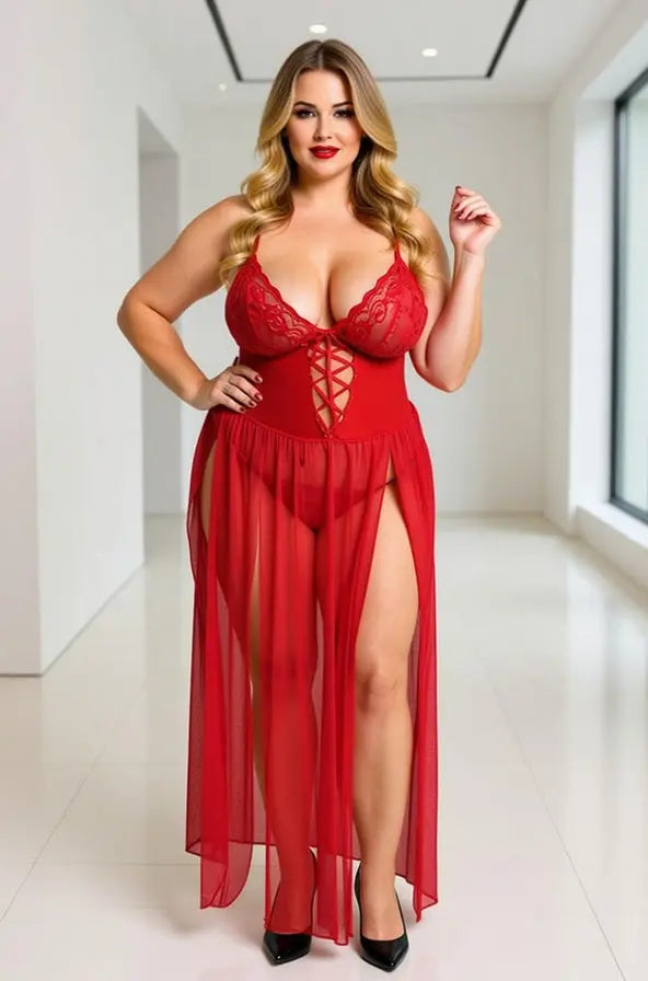 Queen Red Hot Vinyl and Lace Nightgown Velvet Kitten