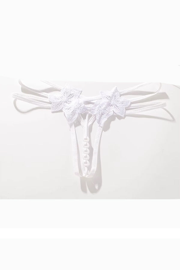White Open Front Pearl Lace Thong