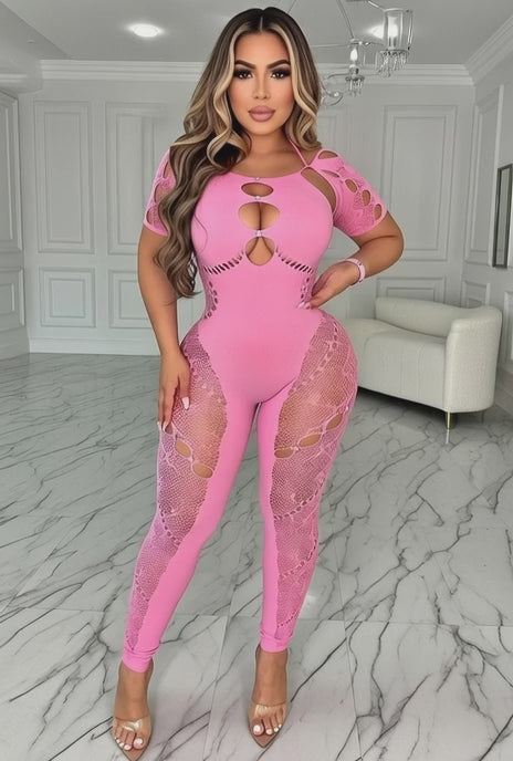 Cutout Halter Neck Pink Bodystocking
