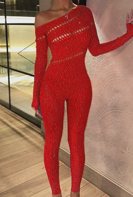 Red Asymmetrical Rhinestone Body Stocking
