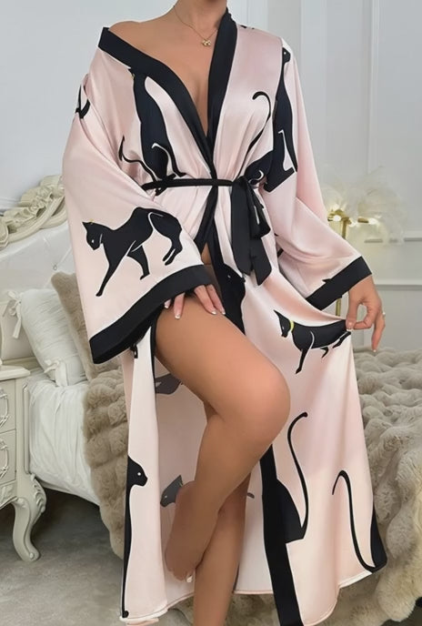 Satin Kimono Robe with Black Cat Print