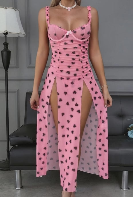 Sweetheart Pink Mesh Heart-Print Lingerie Dress