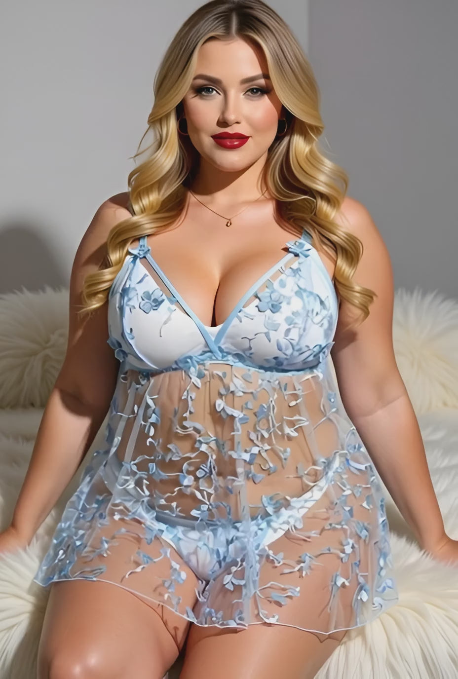 Plus Size Blue Sheer Mesh Flower Embroidery Babydoll
