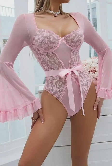 Romantic Pink Lace Mesh Bodysuit