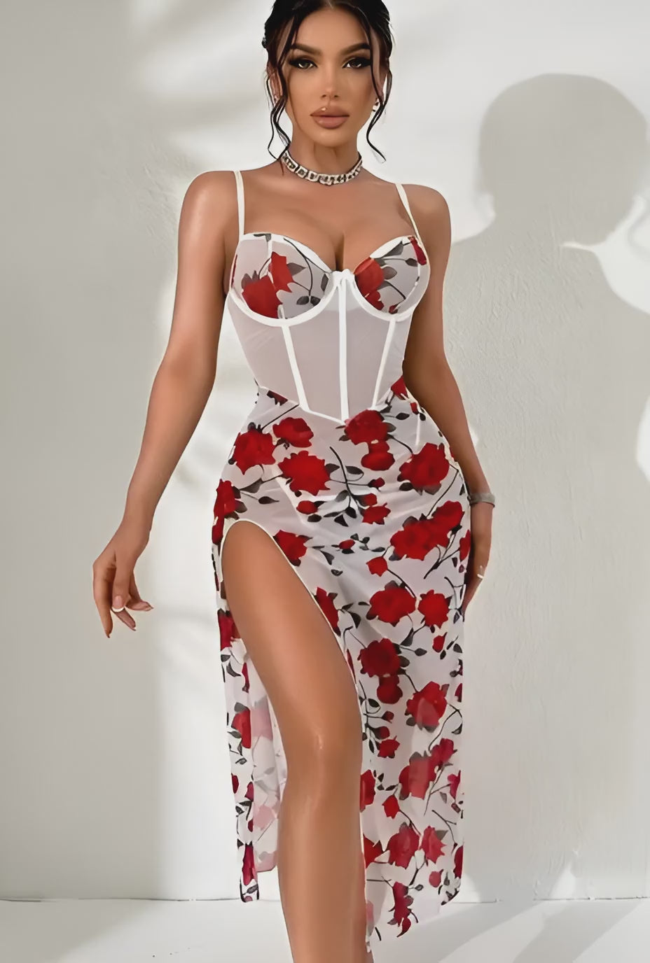 Sheer Rose Print Mesh Corset Dress