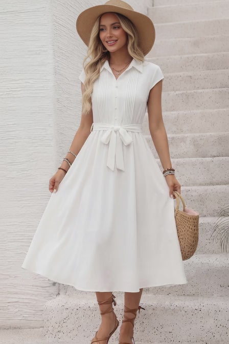 White Collared Button-Down Midi Shirt Dress