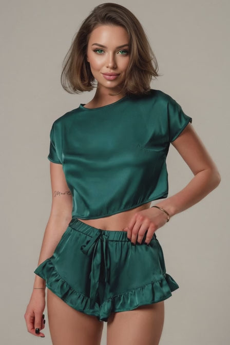 Green Satin Crop Top and Ruffle Shorts Set