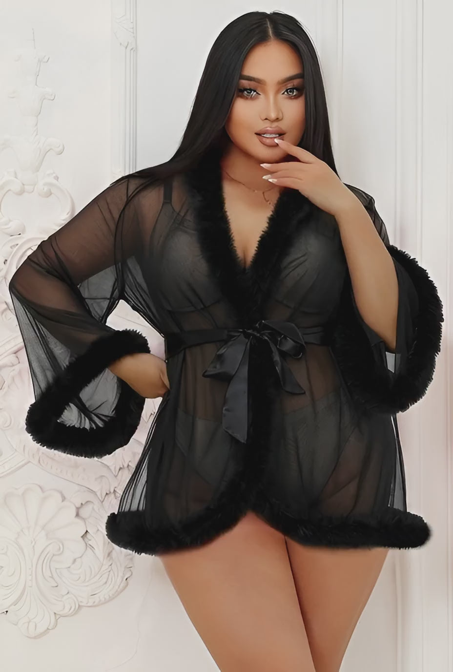 Black Sheer Faux Fur Trim Robe