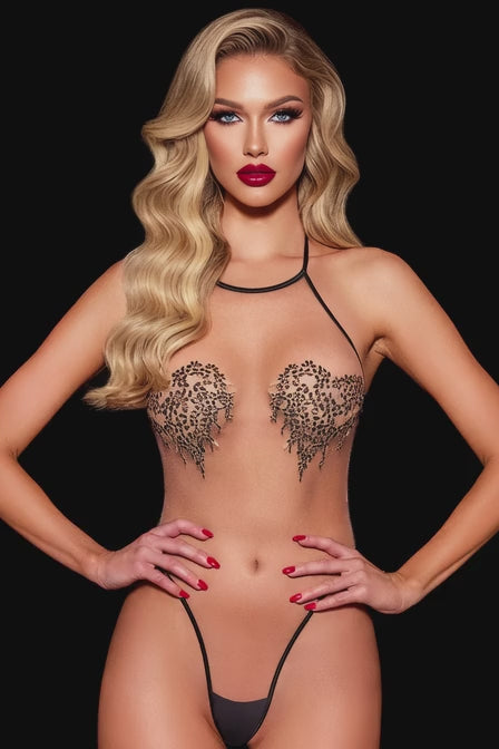 Sheer Mesh Halter Bodysuit with Heart Appliques