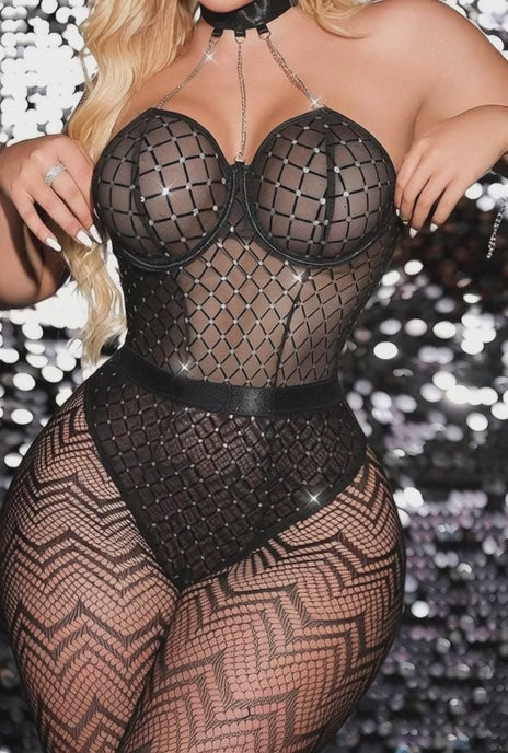 Black flocked diamond teddy with fishnet