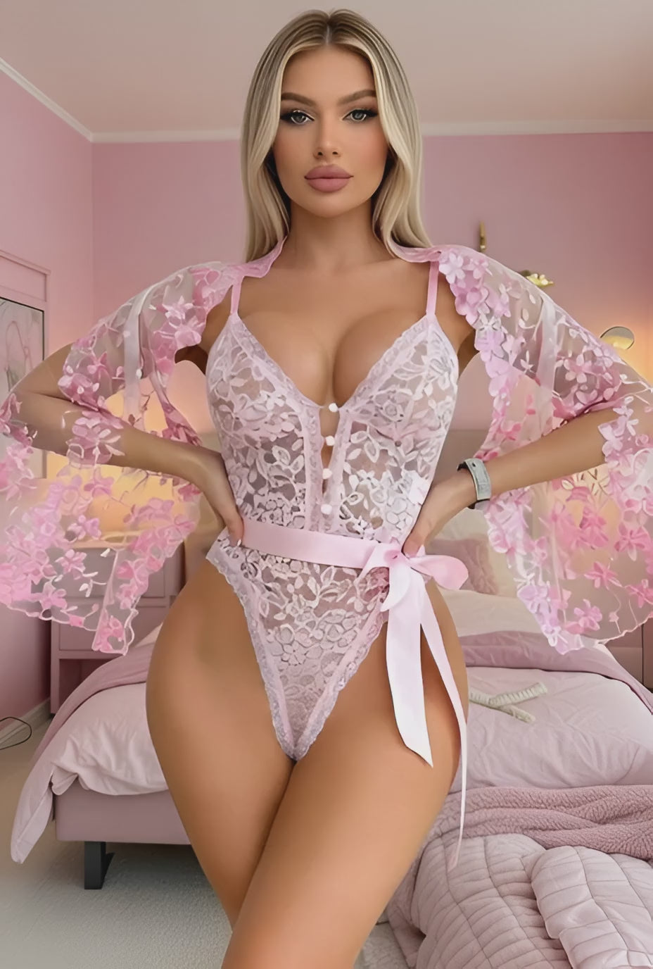 Pink Floral Lace Teddy Bodysuit