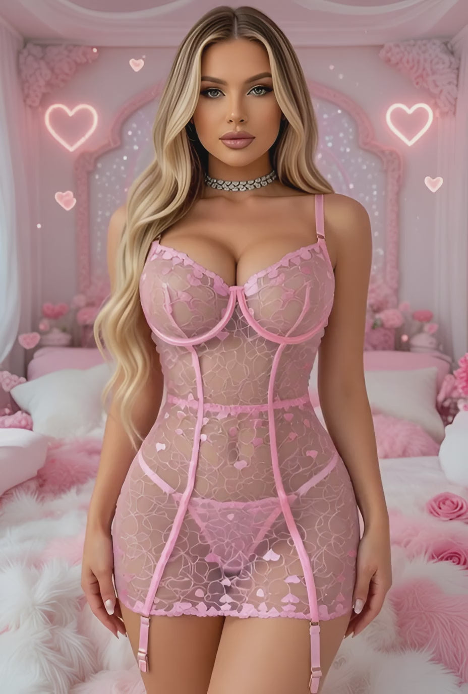 Pink Heart Embroidered Chemise