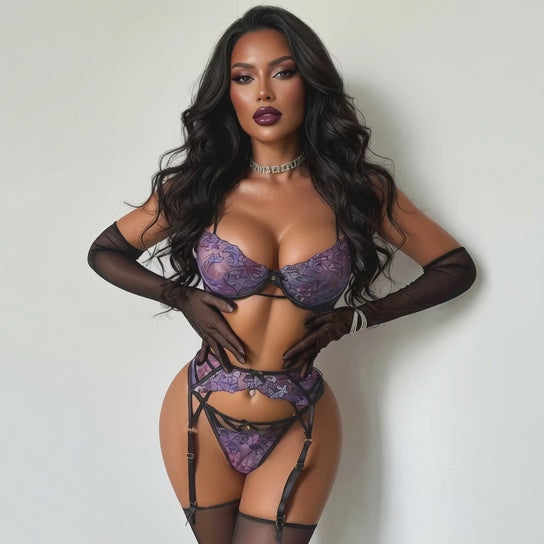 Purple Floral Lace Push Up Bra Garter Thong Set