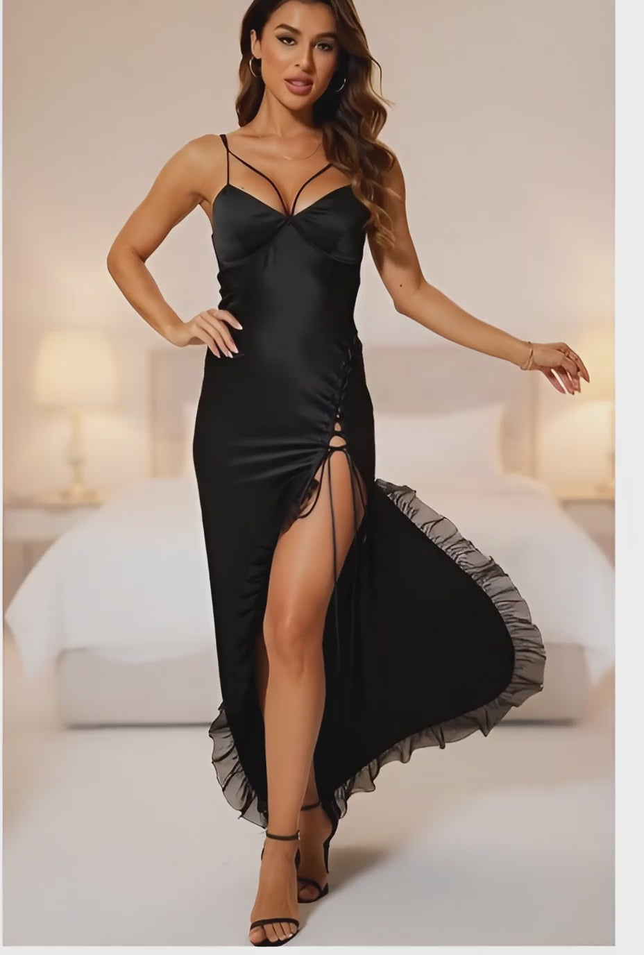 Black Satin Spaghetti Strap Ruffle Dress