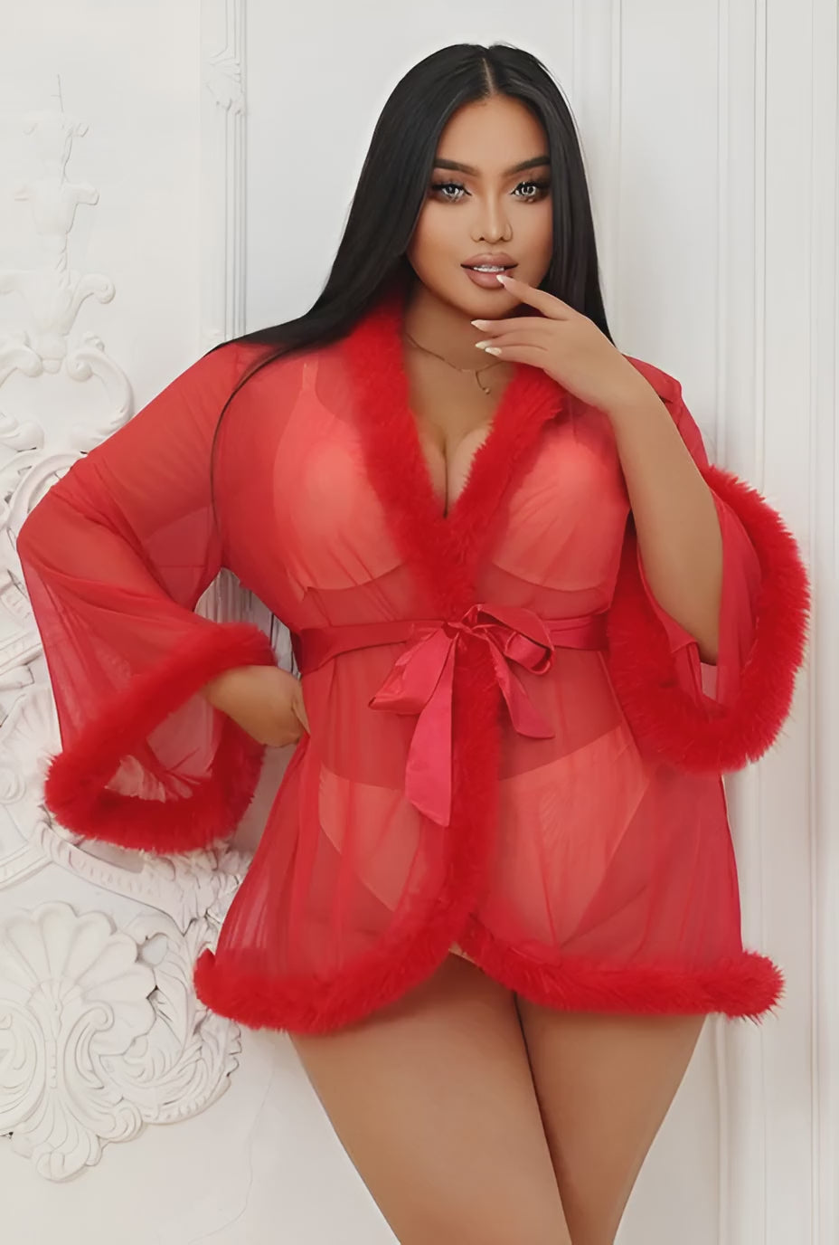 Red Sheer Faux Fur Trim Robe