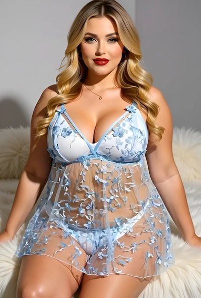 Plus Size Blue Sheer Mesh Flower Embroidery Babydoll Lingerie Diva