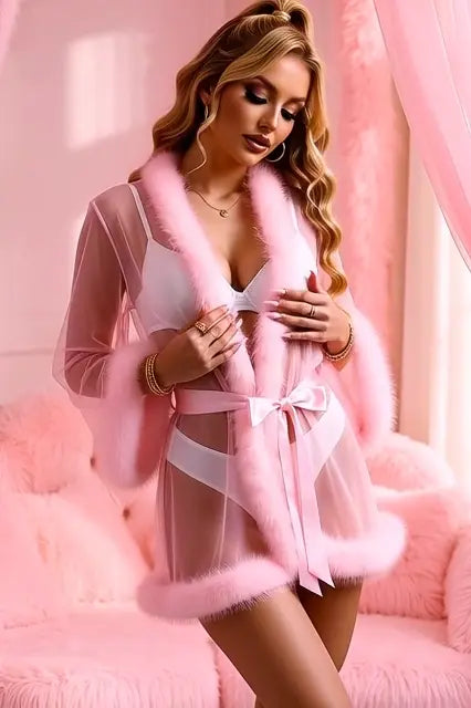 Pink Playful Mesh Robe with Faux Fur Trim Lingerie Diva