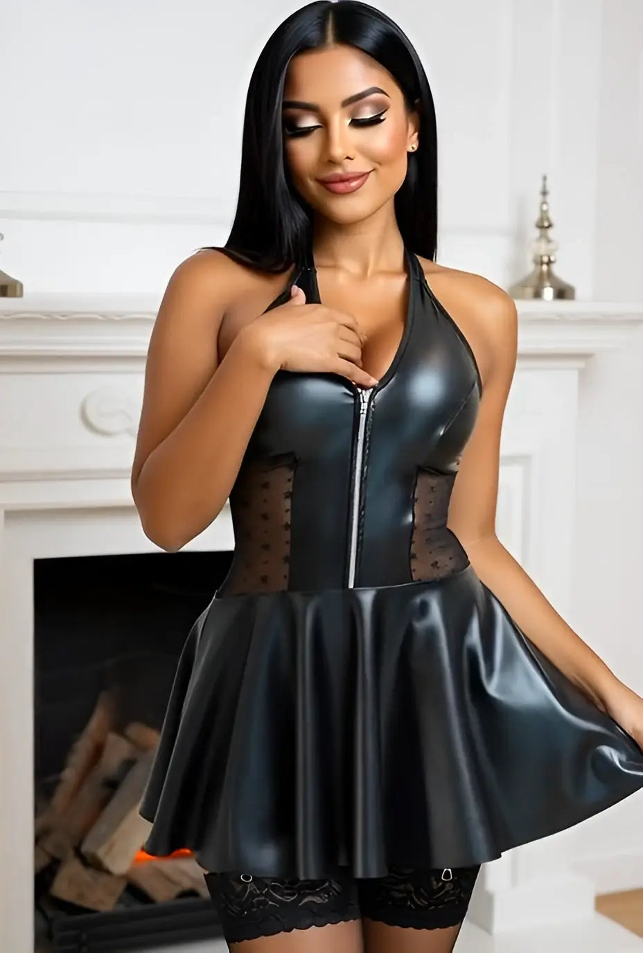 Black Faux Leather Zip Halter Dress with Mesh Lingerie Diva