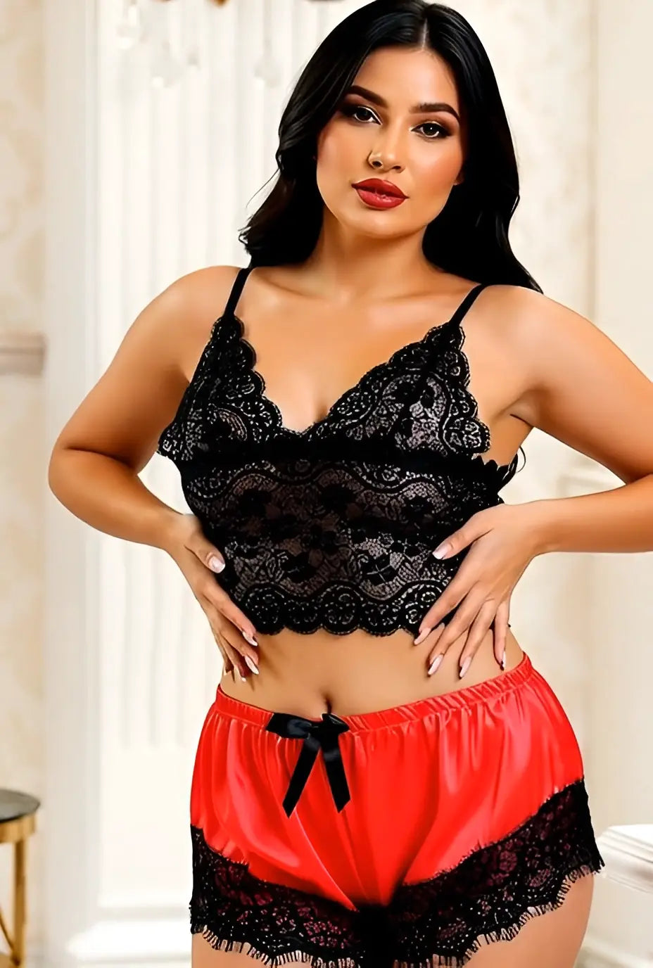Plus Size Black Luxurious Lace and Satin PJ Set Lingerie Diva