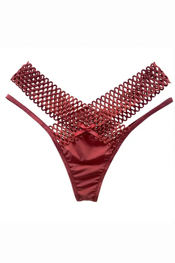 Wine Red Lattice Stretch Micro Bikini Panty FineToo