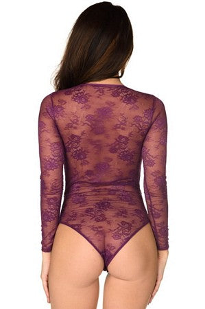 Wine Floral Lace Bodysuit - LingerieDiva