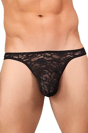 Black Stretch Lace Bong Thong - LingerieDiva