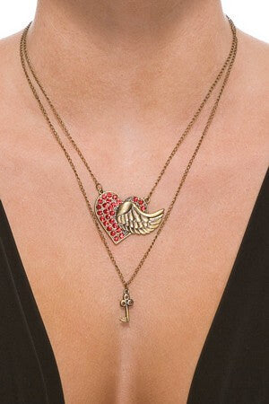 Winged Heart &amp; Key Necklace - LingerieDiva