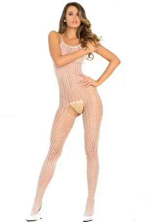 White Crotchless Quarter Crochet Net Bodystocking Rene Rofe