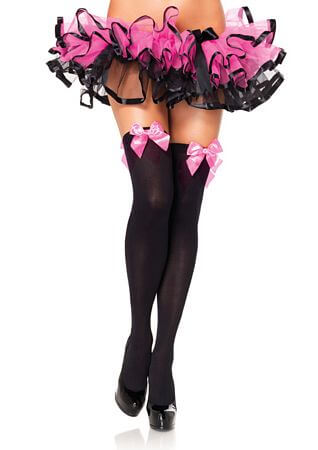Black and Pink Opaque Thigh High with Bow