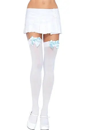 White and Blue Opaque Thigh High with Bow Leg Avenue