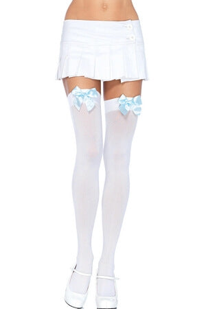 White and Blue Opaque Thigh High with Bow