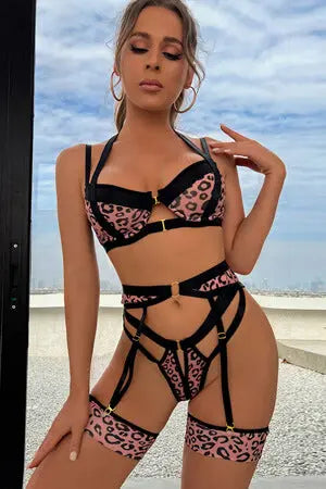 Strappy Leopard Bra, G-String and Garter Set Velvet Kitten