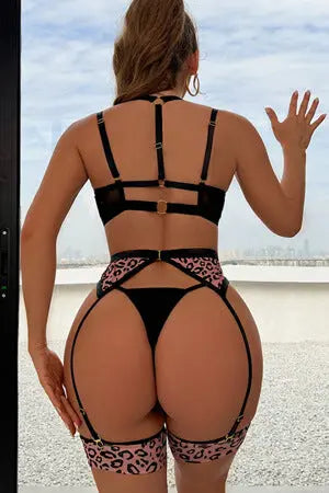 Strappy Leopard Bra, G-String and Garter Set Velvet Kitten