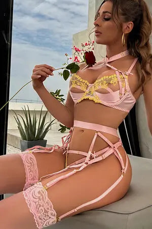 Pink Peek-A-Boo Satin and Lace Bra, Thong and Garter Set Velvet Kitten