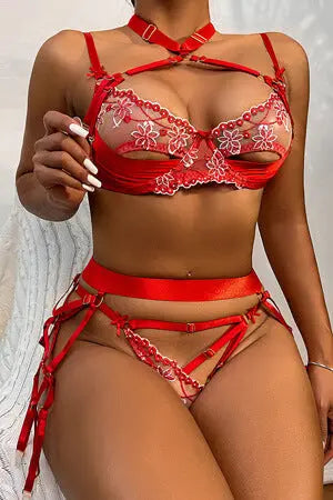 Red Peek-A-Boo Satin and Lace Bra, Thong and Garter Set Velvet Kitten