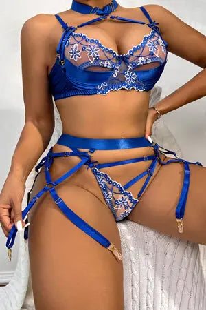 Blue Peek-A-Boo Satin and Lace Bra, Thong and Garter Set Velvet Kitten
