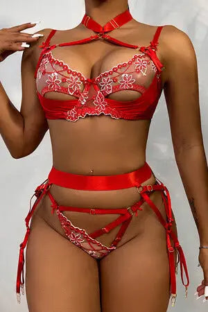 Red Peek-A-Boo Satin and Lace Bra, Thong and Garter Set Velvet Kitten