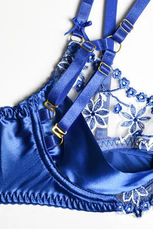 Blue Peek-A-Boo Satin and Lace Bra, Thong and Garter Set Velvet Kitten