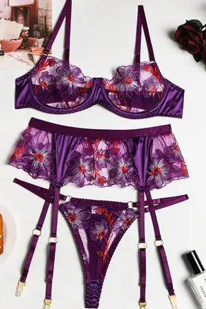 Floral Passion Bra, Thong and Garter Set Velvet Kitten