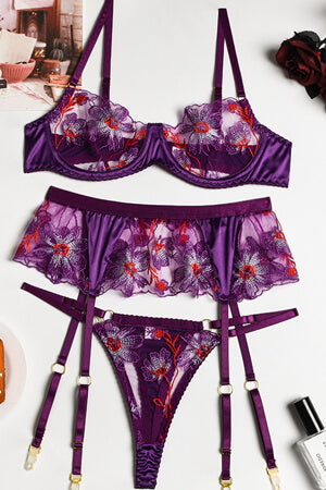 Floral Passion Bra, Thong and Garter Set